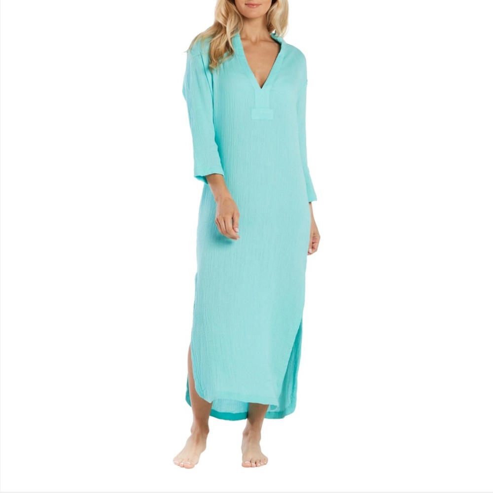 HELEN JON Kaftan Maxi Dress Turquoise Crinkle Cotton Small